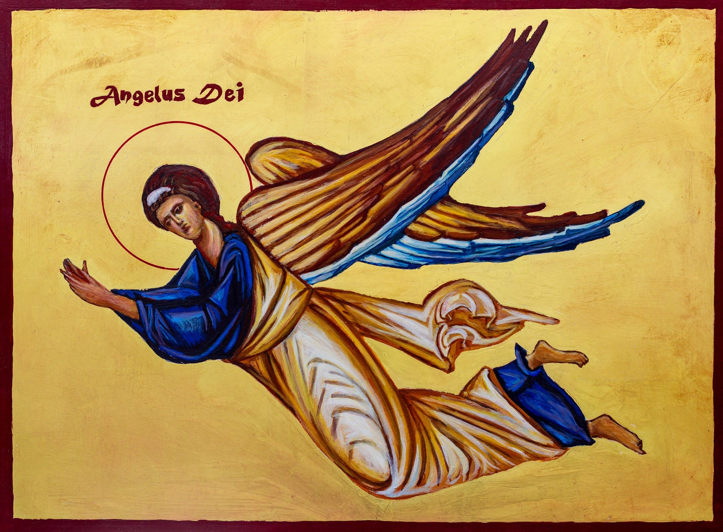 Icône d'un ange en vol, ailes déployées, robe ocre et manteau bleu, inscription « Angelus Dei », fond d'or, format paysage