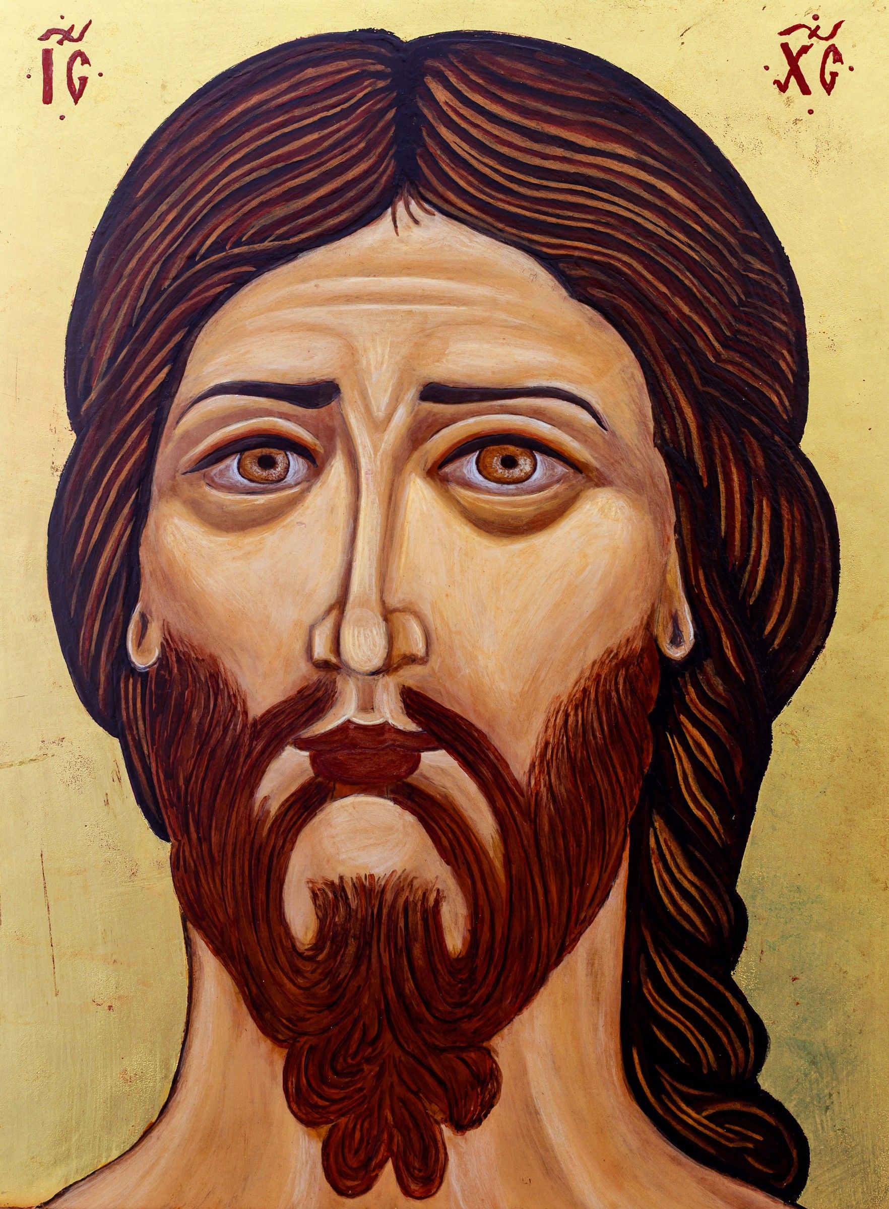Icône du Visage saint de Jésus : le visage du Christ de face, cheveux et barbe bruns, inscriptions IC XC, sur fond d'or