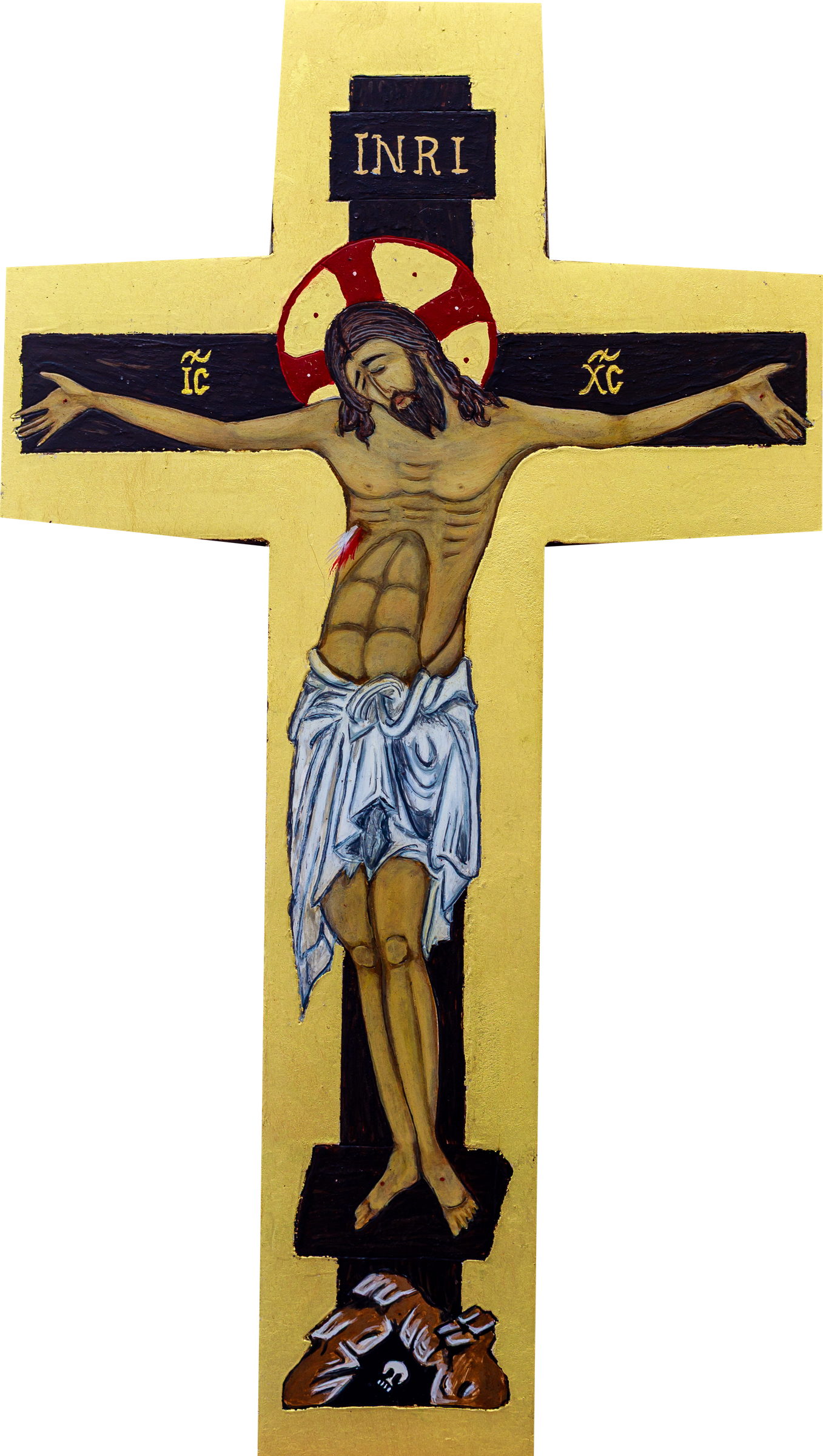 Croix découpée et peinte : le Christ en croix sous le titulus INRI, sur fond d'or