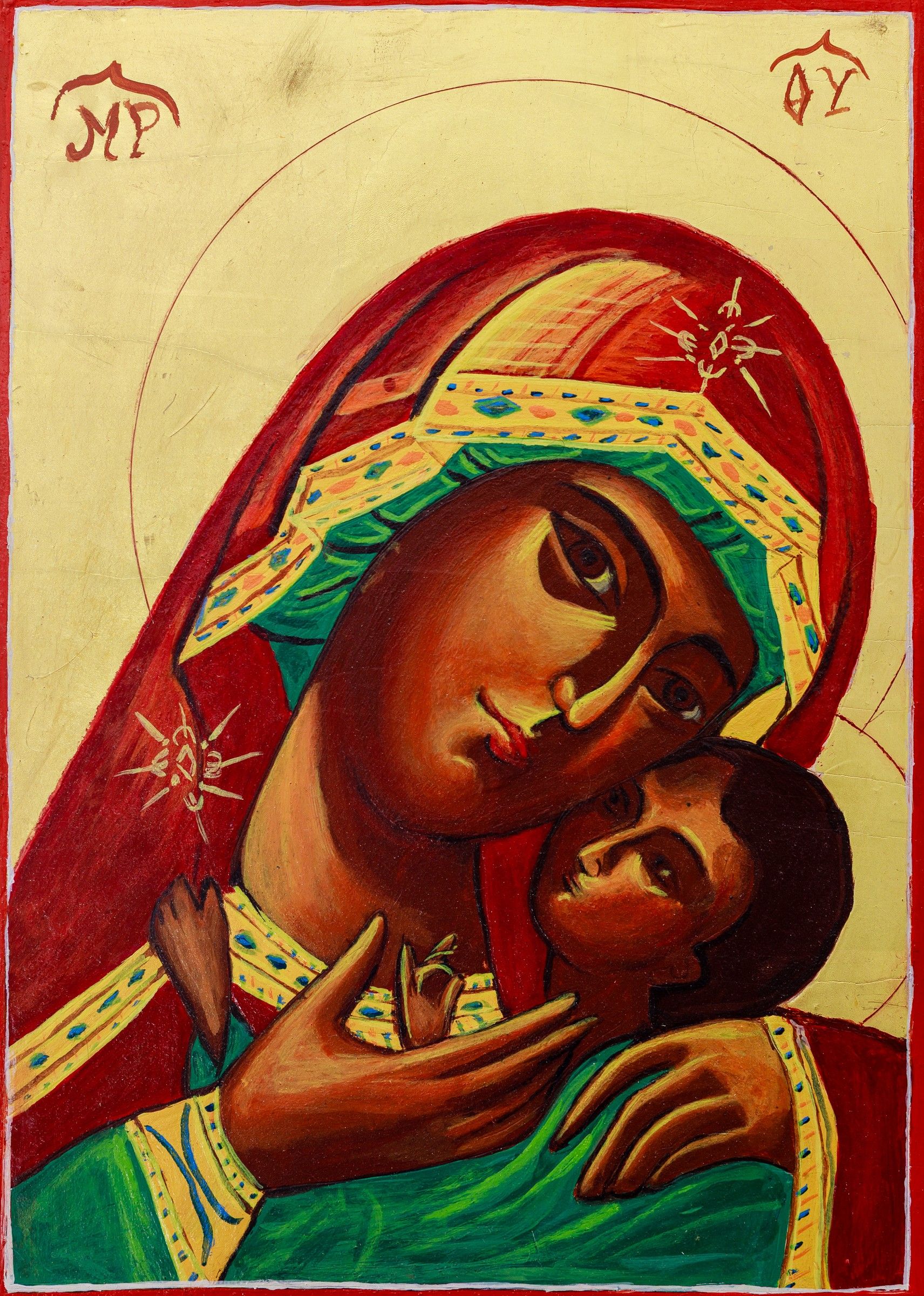 Icône de la Vierge de tendresse : Marie, maphorion rouge à festons dorés, inclinée vers l'Enfant vêtu de vert, fond d'or, bordure rouge